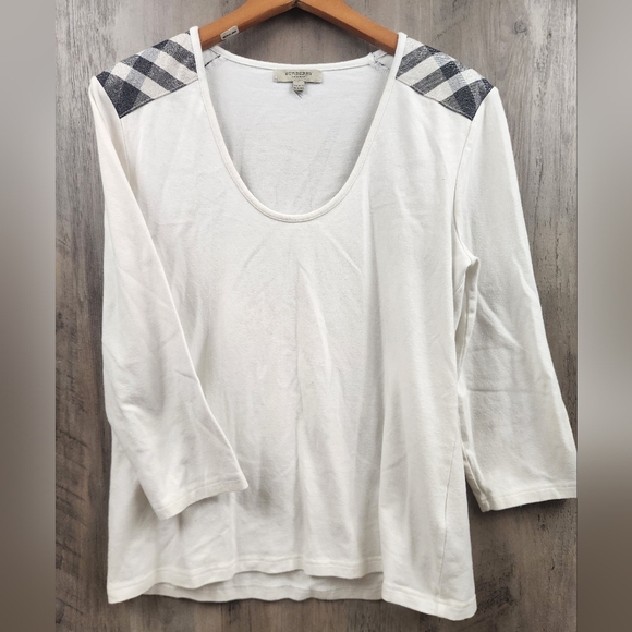Burberry London 3/4 Sleeve Cotton Blend Striped Shoulder Basic T-Shirt Size M - Picture 2 of 7